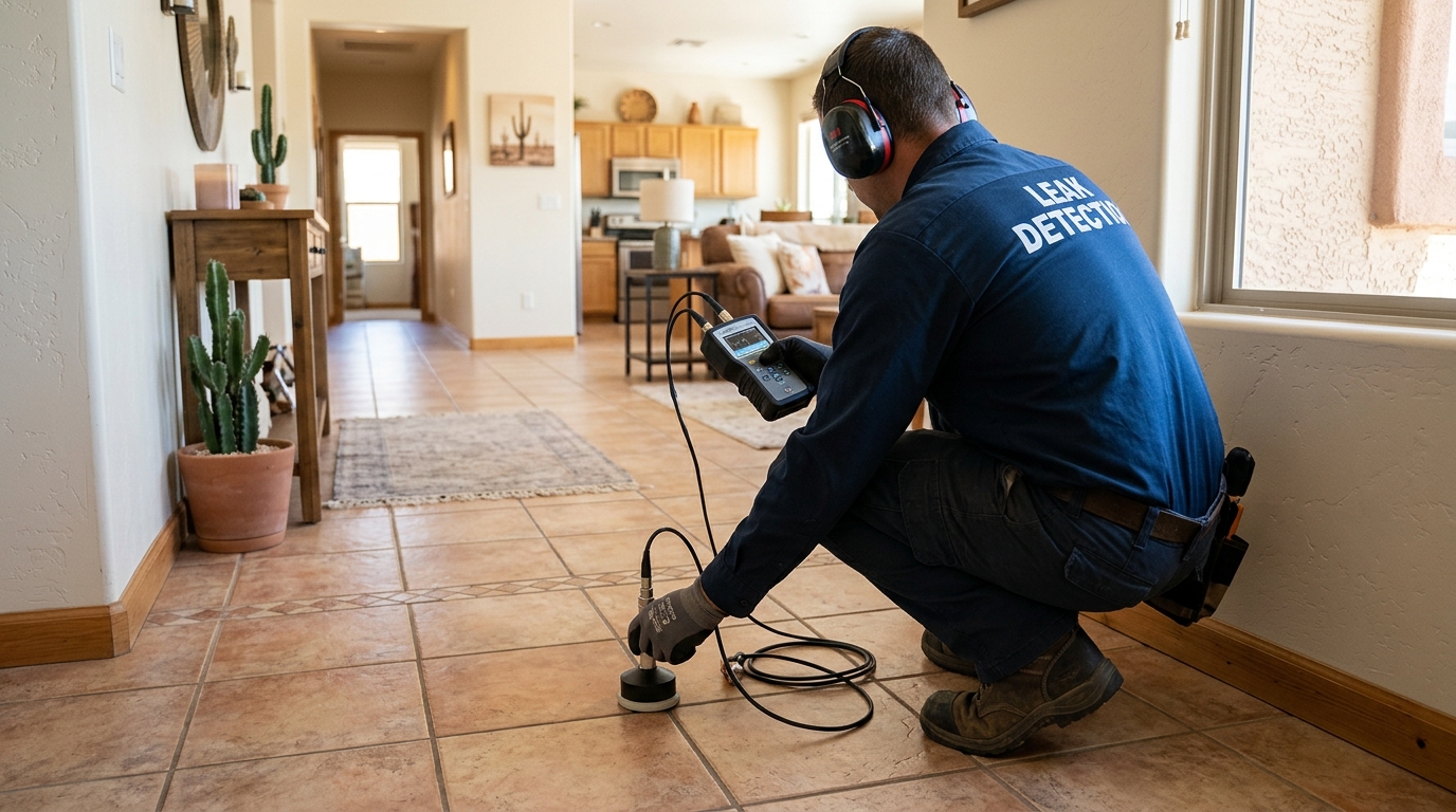 Specialist using acoustic listening device on residential floor to detect slab leak in Hesperia